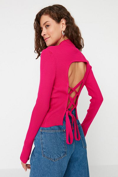 Trendyol Collection Fuchsia Back Detailed Crop Knitwear Sweater TWOAW23KZ01748