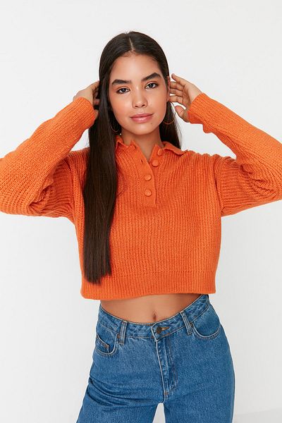 Trendyol Collection Pulover de tricotaje cu textura moale Crop Orange TWOAW23KZ01835
