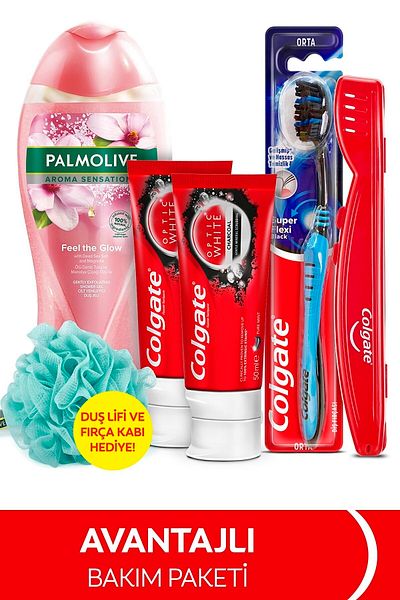 Colgate Toothpaste 50 Mlx2, Medium Toothbrush, Palmolive Shower Gel 500 Ml Brush Container And Shower Loofah 6854