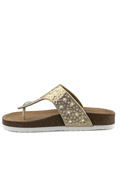 Cici Bebe Ayakkabı Genuine Leather Stoned Gold Anatomical Girls' Flip Flops