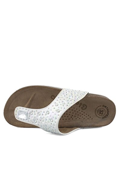 Cici Bebe Ayakkabı Genuine Leather Stoned White Anatomical Girls' Flip Flops