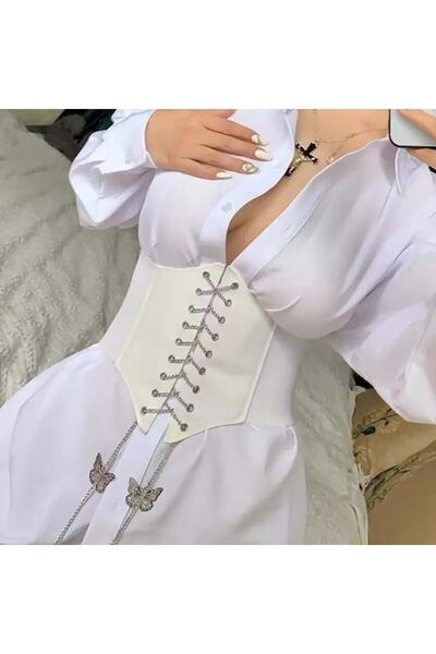 favorconsept Favoriconsept - Butterfly Chain Laced White Leather Corset with Bird Eyes