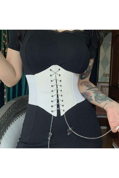 favorconsept Favoriconsept - Butterfly Chain Laced White Leather Corset with Bird Eyes