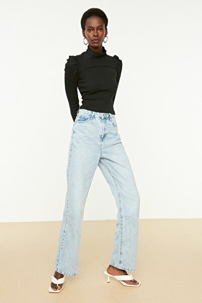 Trn JNS Pantaloni palazzo din denim cu picioare late, super înalte, din Lycra, Ice Blue