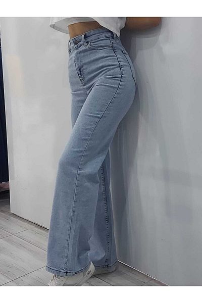 Trn JNS Anii '90 Lycra largi - Albastru zăpadă deschis Blugi de damă Pantaloni Palazzo, picior foarte înalt