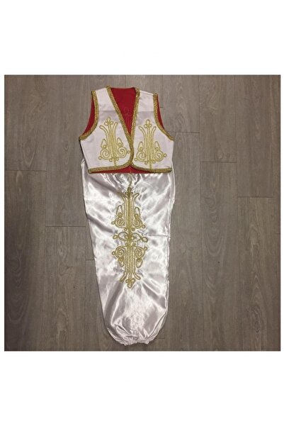 BoncukAVM İşlemeli Beyaz Saten Yelek Şalvar Takımı 23 Nisan Kostümü Yöresel K...