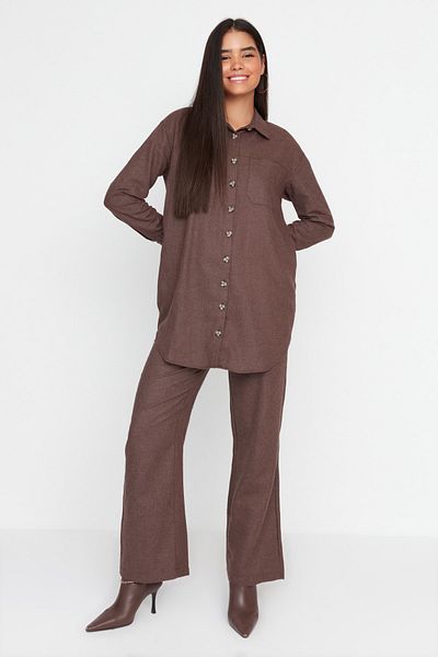 Trendyol Modest Καφέ Χειμερινό Πουκάμισο-Παντελόνι Υφαντό Σετ TCTAW23US00140