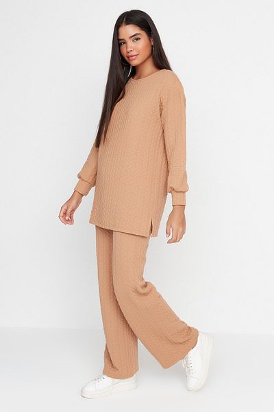 Trendyol Modest Camel Quilted Tunic-Pants Knitted Set TCTAW23US00148