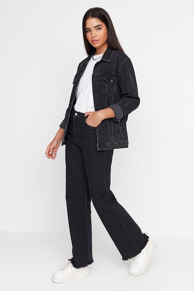 Trendyol Modest Detailní černé nohavice Vysoký pas Široká noha 100% bavlna Denim Jeans TCTAW23JE00111