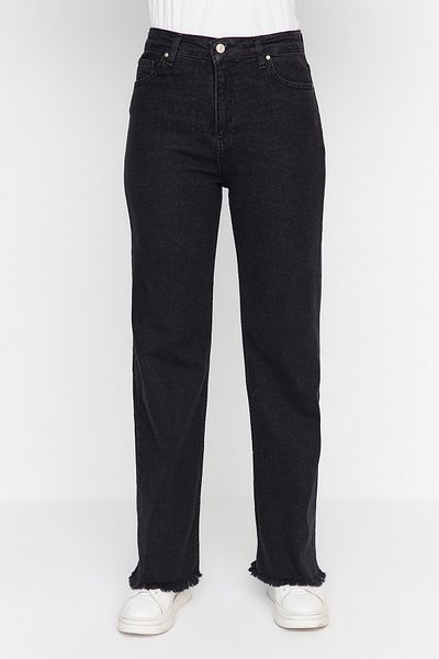 Trendyol Modest Detailní černé nohavice Vysoký pas Široká noha 100% bavlna Denim Jeans TCTAW23JE00111