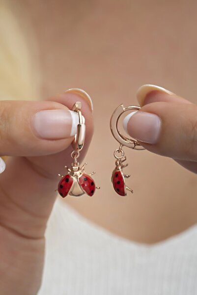 Nereze 925 Ayar Gümüş Rose Mineli Uğur Böceği Küpe