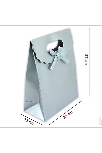 Süsle Baby Party El Geçmeli Karton Çanta 38 X 27 X 15 Cm, Mat Gümüş - 12 Adet