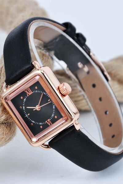 sonsuzsaat Rose Kasa Siyah Deri Kordonlu Sade Şık Model Bayan Kol Saati Su-58...