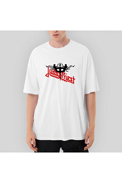 Z zepplin Λογότυπο και εικόνα της Judas Priest oversized Λευκό μπλουζάκι