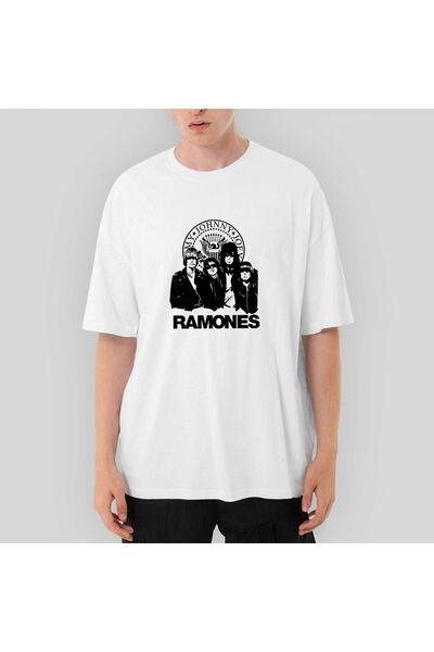 Z zepplin Tricou alb supradimensionat cu logo și grup Ramones