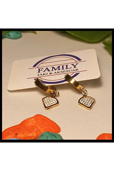 FAMİLY Zirkon Taşlı Pırlanta Temalı Halka Gold Renk Çelik Küpe