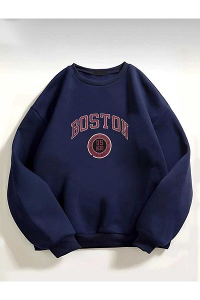 My Blog Hanorac oversize cu imprimeu Boston bleumarin