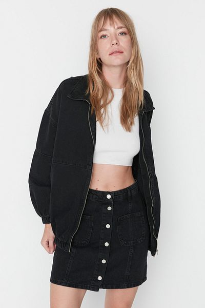 Trendyol Collection Černá Džínová bunda Oversize Bomber Džínová na zip TWOAW23CE00213