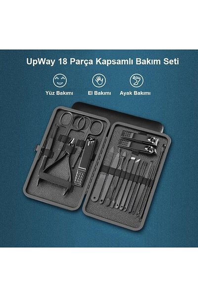 UpWay مجموعة مانيكير وباديكير للعناية بالوجه مكونة من 18 قطعة من الفولاذ المقاوم للصدأ مع حقيبة جلدية