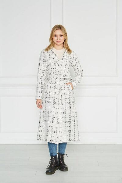 comstar Kadın Astarsız Kuşak Basic Bol Beyaz Uzun Kaşe Kaban