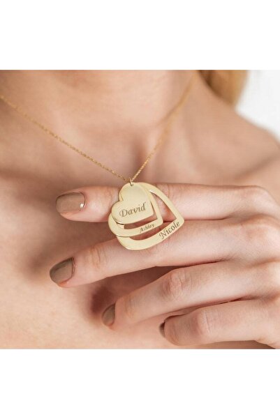 GÜMÜŞ 925k Üç Isimli Kalp Aile Altın Kaplama Kolye