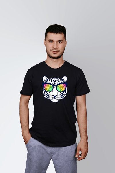 ErTaPassage Men's Black Tiger with Sun Glasses Printed Standard T-Shirt T9124952