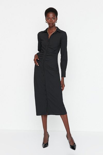 Trendyol Collection Černé midi tkané tkané šaty se stahovací šňůrkou TWOAW22EL1343