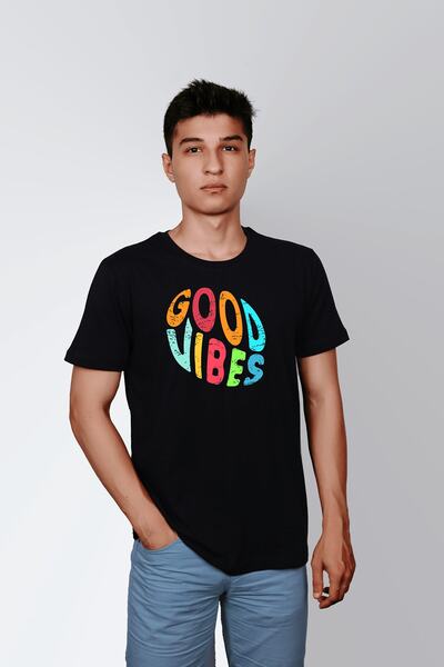 ErTaPassage Ανδρικό μπλουζάκι με μαύρο γράμμα Good Vibes με τύπωμα Standard T...