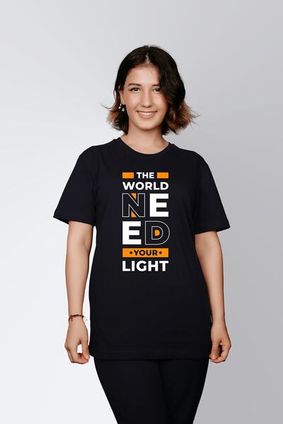 ErTaPassage Femei negre tricou - Lumea are nevoie de lumina ta, imprimeu cu litere, T5785666