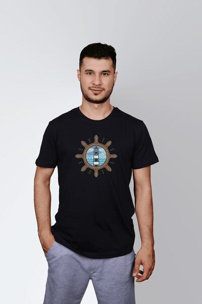 ErTaPassage Black Vintage Lighthouse cu imprimeu Bărbați tricou - T769205