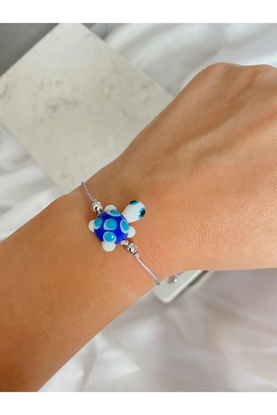 SWORDS CONCEPT Murano Glass Blue Turtle Adjustable Rope Bracelet
