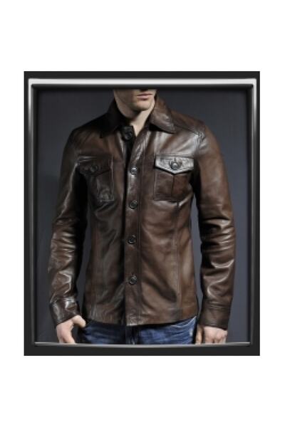 Derimont's Genuine Lambskin Brown Buttoned Shirt Collar Men's Leather Jacket