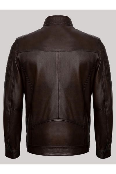Derimont's Genuine Leather Brown Men's Leather Coat Straight Line Embroidered Zippered Leather Jacket