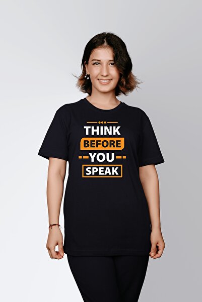 ErTaPassage Negru cu imprimeu Femeie tricou - Gândi înainte de a vorbi Scriit...