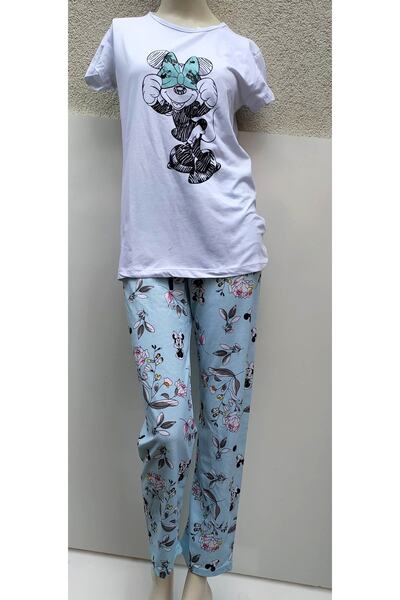 Kadın Beyaz Mavi Pijama Takımı