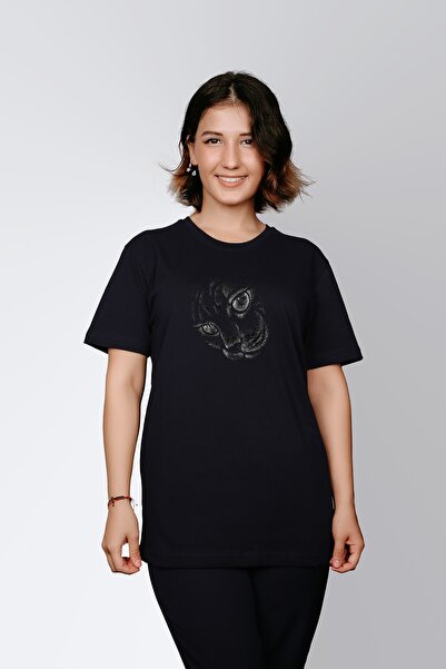 ErTaPassage Black Kara pisică cu imprimeu Femei tricou - T8583953