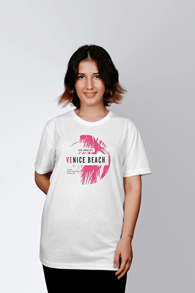 ErTaPassage White Venice Beach Printed Oversize Women's T-shirt - T2350345