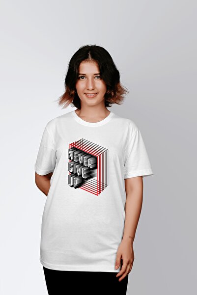 ErTaPassage Alb „Never Give Up” Geométrico cu imprimeu Femei tricou - T8023100