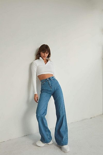 LİMABEL Blue Power Lycra volné džínové kalhoty Palazzo se super vysokým pasem