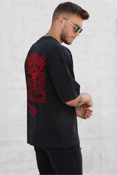 SUNFREE Dragon Baskılı Oversize Unisex Μαύρο T-shirt