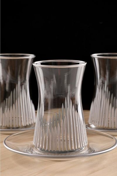 Paşabahçe 12 Pieces Silver Crystallized Cutting Art Tea Cup Teaware Set.