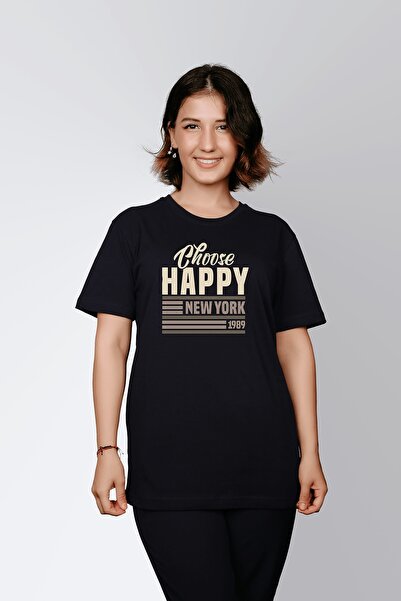 ErTaPassage Negru Choose Happy cu imprimeu Femei tricou - T5506588