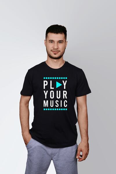 ErTaPassage Negru supradimensionat cu imprimeu Bărbați tricou - Müzigini Çal ...