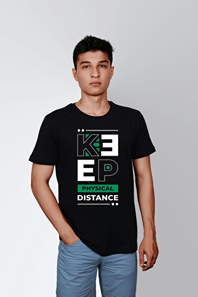 ErTaPassage Negru cu imprimeu Bărbați tricou - Distanță fizică scrisă T417087