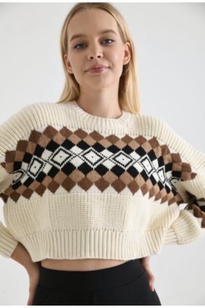 YILMAZBARMAZ Pulover crop de tricotaj cu model în față pentru femei