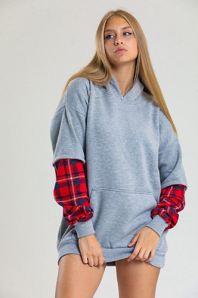 lovebox Three Thread Raised Cotton Fabric Kangaroo Pocket Hooded Sleeves Patterned Gray Sweatshirt 402