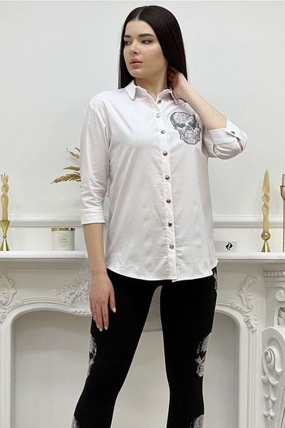 RICH GLAM Cămașă albă de damă din bumbac Lycra cu piatră de cristal cu craniu