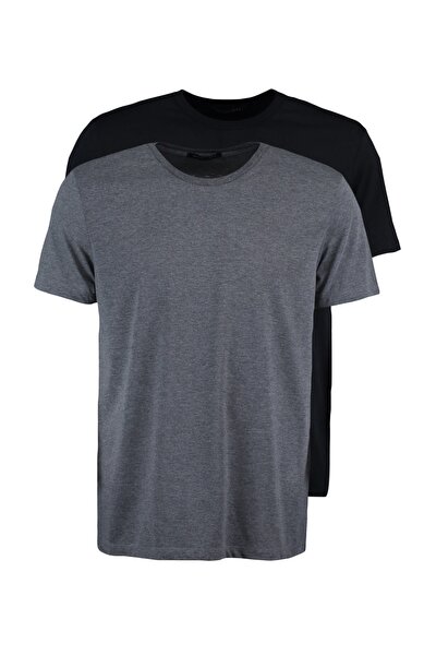 Trendyol Collection Schwarz-Anthrazit 2er-Pack - Slim Fit T-Shirt mit Rundhalsausschnitt TMNSS19BO0074