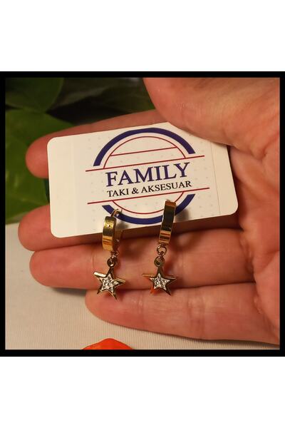 FAMİLY Zirkon Taşlı Yıldız Temalı Halka Gold Renk Çelik Küpe