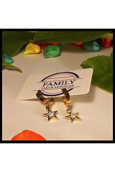 FAMİLY Zirkon Taşlı Yıldız Temalı Halka Gold Renk Çelik Küpe